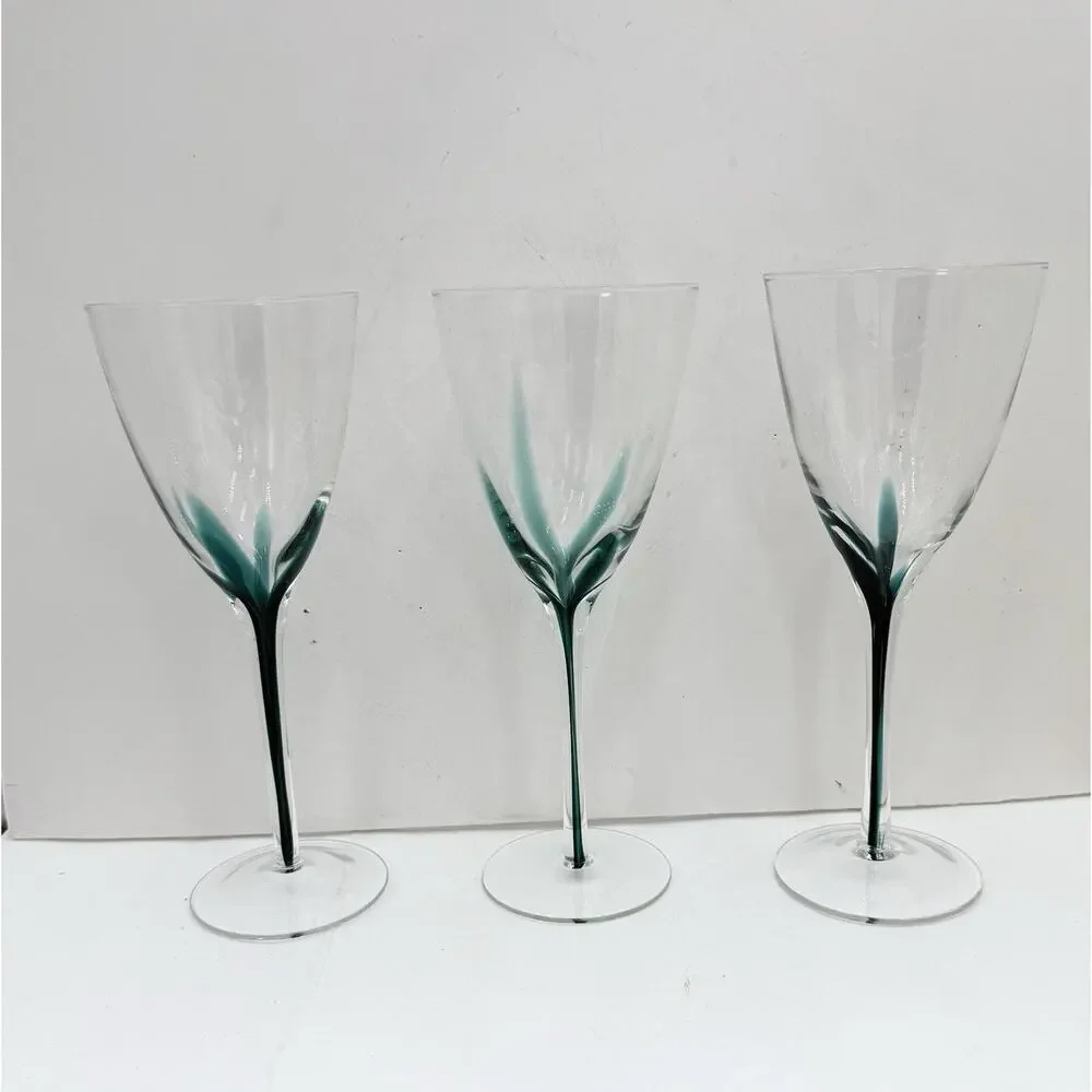Pier 1 Emmie Crystal Wine‎ Glass Hand Blown Dark Green Filament Stem Barware 9”